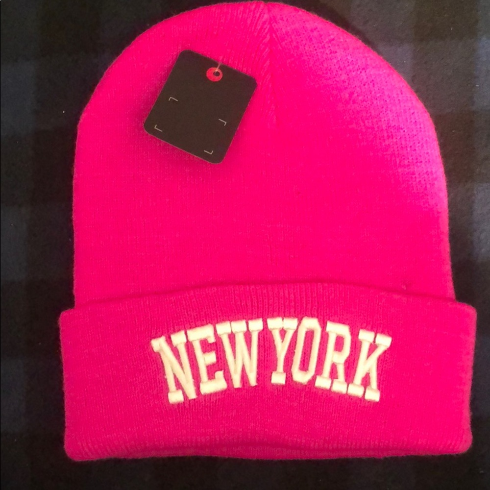 New with tags neon hot pink New York Beanie